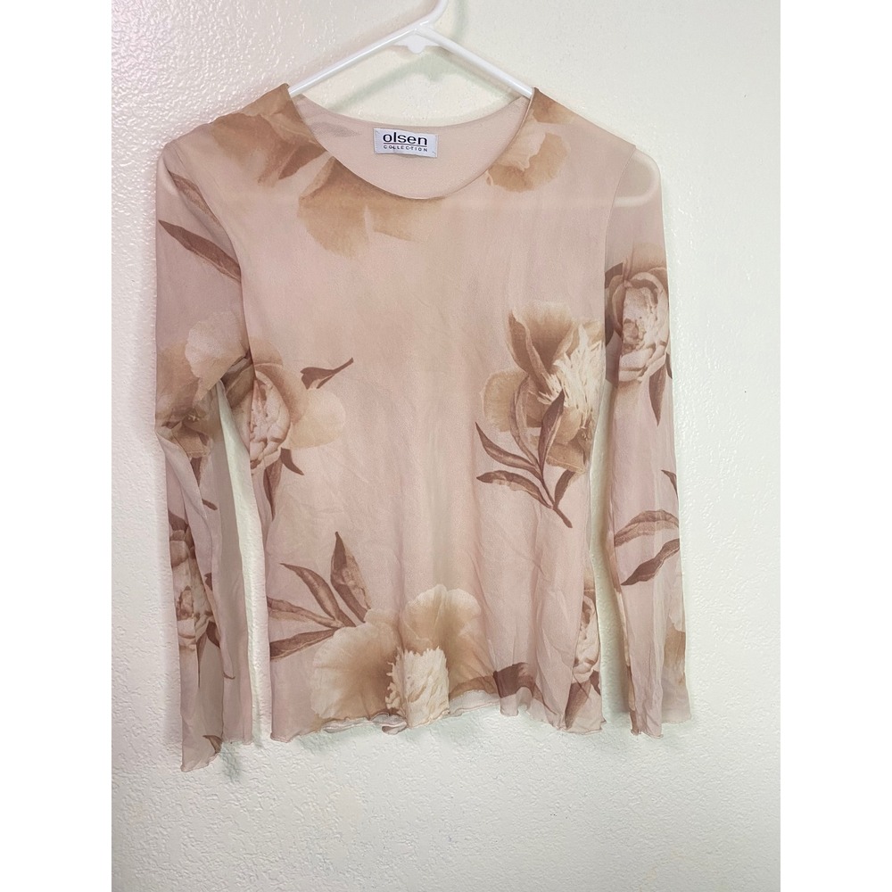 Vintage Y2K Olsen Collection Floral Mesh Fairy Coquette Top Sheer Lettuce Hem